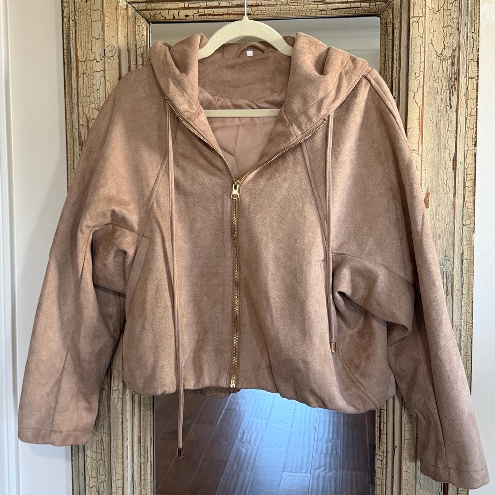 Women's Taupe Faux Suede Hooded Zip Jacket